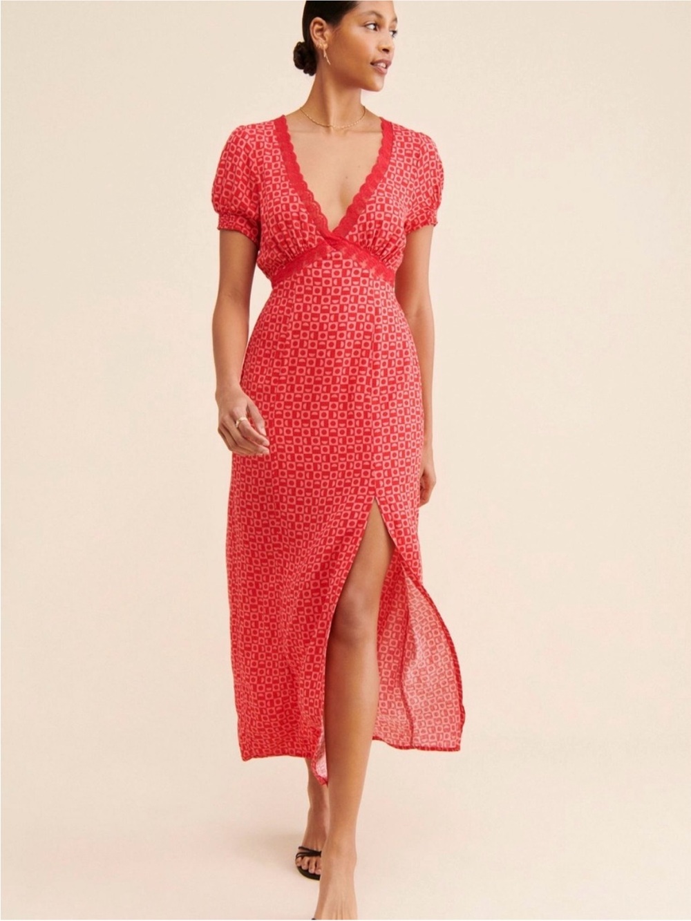 Max Studio Coral-Red V-Neck Maxi Dress with Puff Sleeves